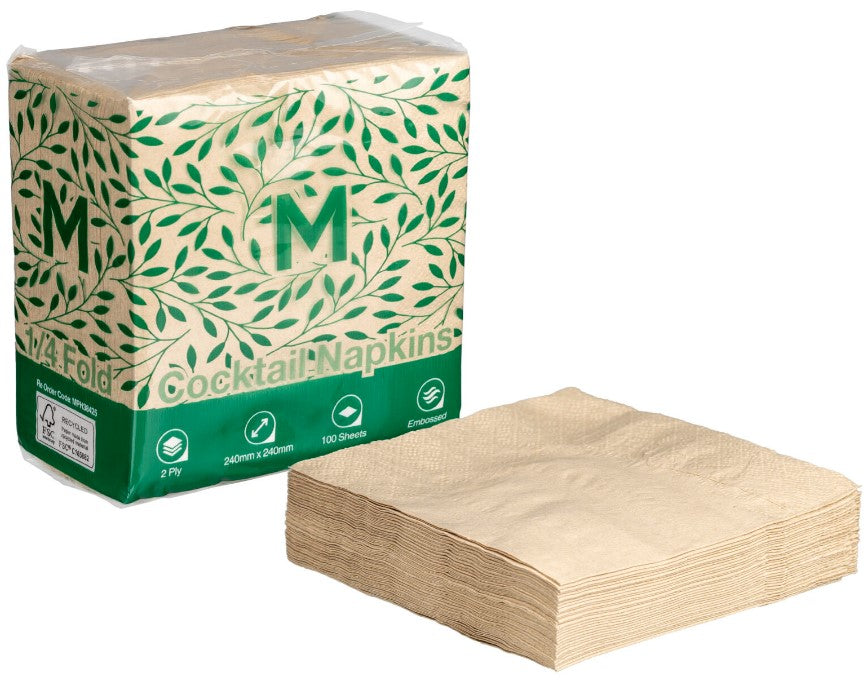 Cocktail Napkins 1/4 Fold - Brown, 240mm x 240mm, 2 Ply, FSC Mix® (2000)