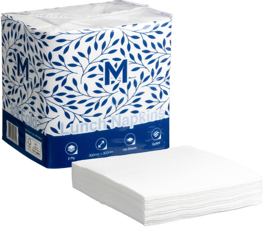 Quilted Lunch Napkins 1/4 Fold - White, 300mm x 300mm, 2 Ply, FSC Mix® (1200)