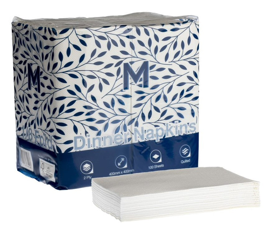 Quilted Dinner Napkins 1/8 Fold - White, 400mm x 400mm, 2 Ply, FSC Mix® (800)