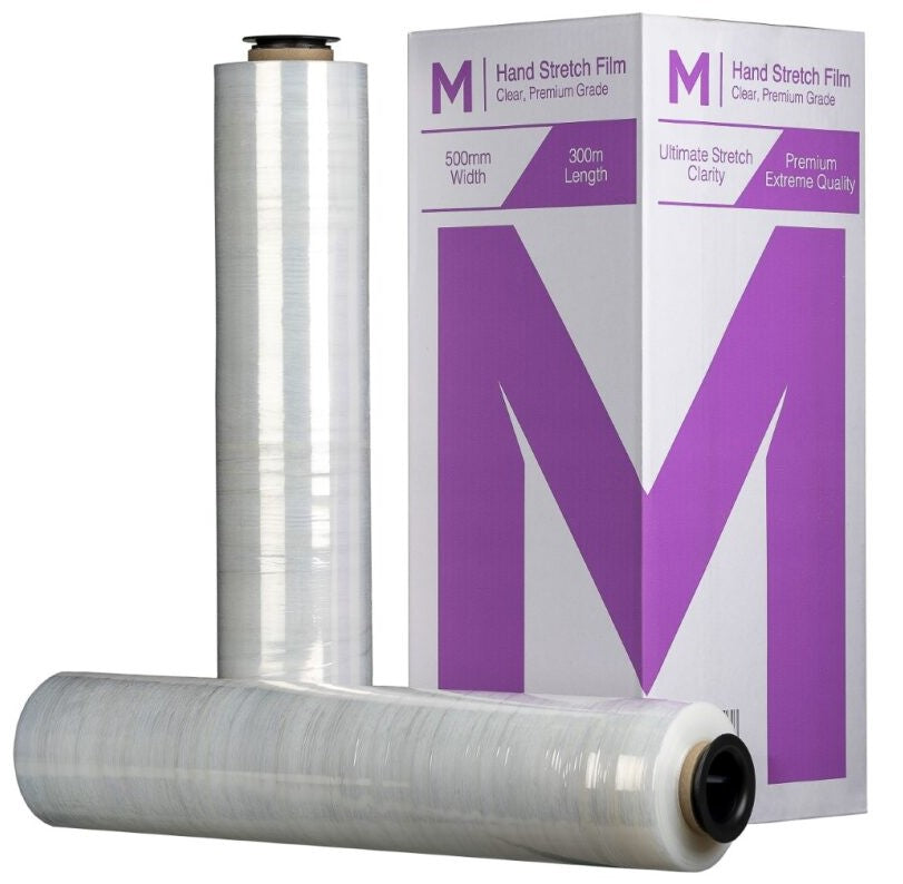 Cast Hand Stretch Film - Clear, 500mm x 300m x 20mu (4) + 4 Free End Caps