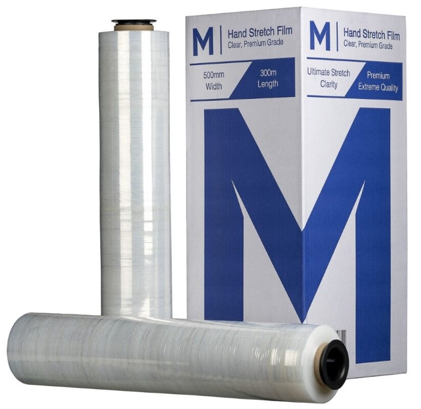 Cast Hand Stretch Film - Clear, 500mm x 300m x 23mu (4) + 4 Free End Caps