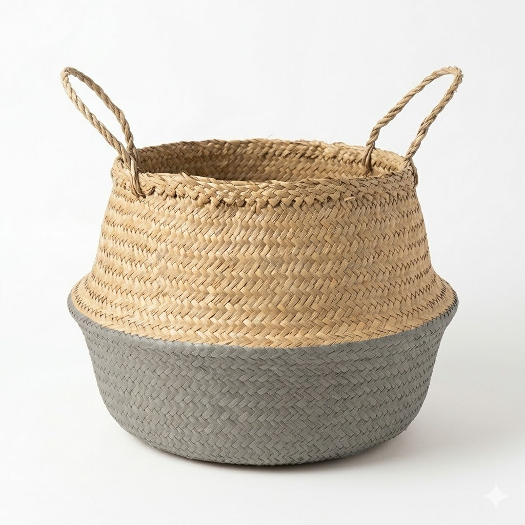 Handwoven Seagrass Belly Basket – Two-Tone/Grey - 40cm