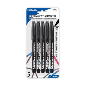 BAZIC Black Fine Tip Permanent Markers w/ Pocket Clip (5/Pack) (Product Of USA)