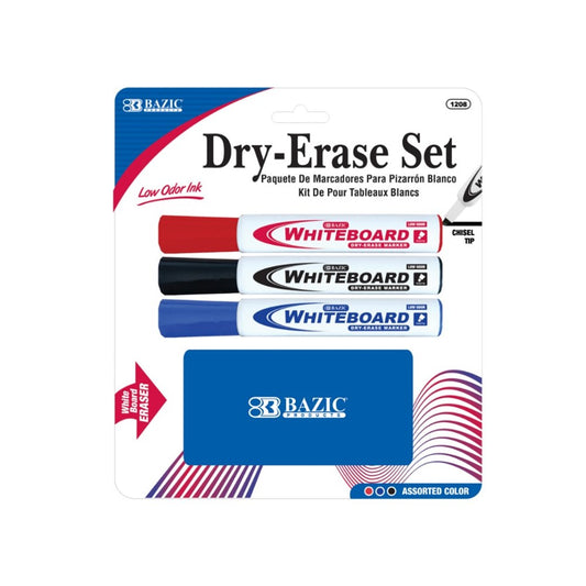 BAZIC 3 Asst. Colors Chisel Tip Dry-Erase Markers w/ Eraser (Product of USA)