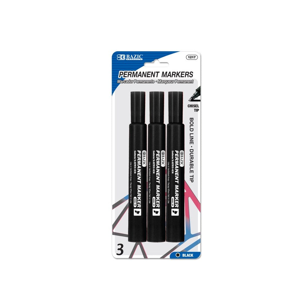 BAZIC Black Chisel Tip Jumbo Permanent Markers (3/Pack) (Product Of USA)