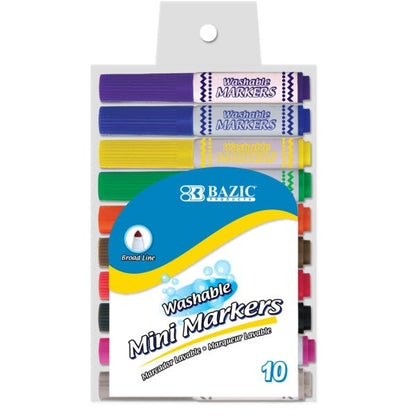 BAZIC 10 Colors Broad Line Mini Washable Markers (Product of USA)