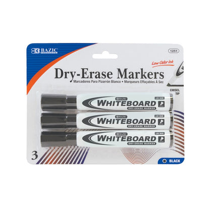 BAZIC Black Chisel Tip Dry-Erase Markers (3/Pack) (Product Of USA)