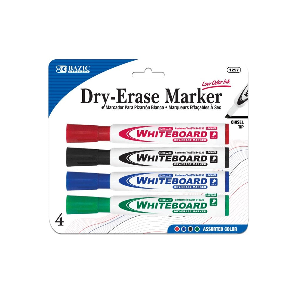 BAZIC Assorted Colors Chisel Tip Dry-Erase Markers (4/Pack) (Product Of USA)