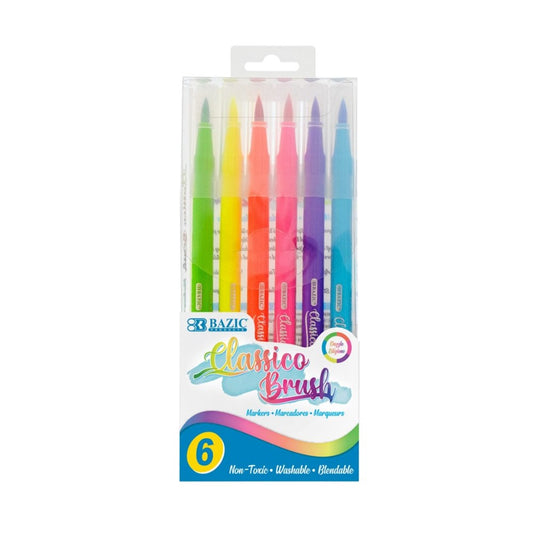 BAZIC 6 Fluorescent Colors Classico Brush Markers (Product Of USA)