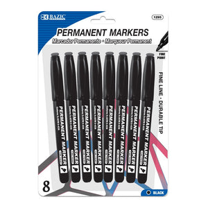 BAZIC Black Fine Tip Permanent Markers w/ Pocket Clip (8/Pack) (Product Of USA)