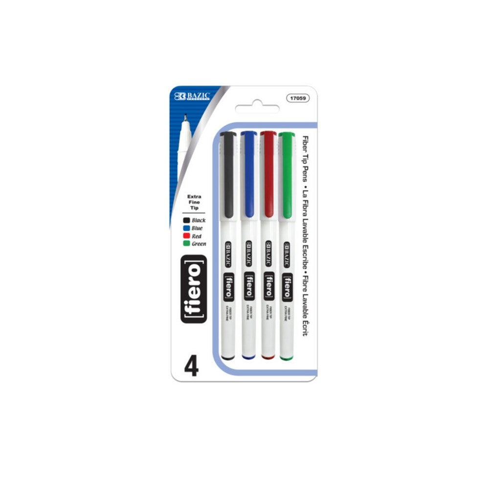 BAZIC Fiero Asst. Color Fiber Tip Fineliner Pen (4/Pack) (Product Of USA)