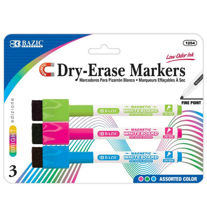 BAZIC Bright Colors Magnetic Dry-Erase Markers (3/Pack) Product of USA