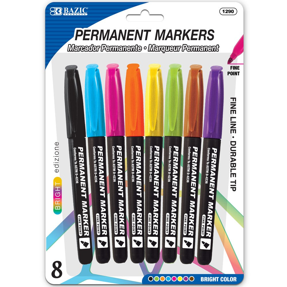 BAZIC Bright Colors Fine Tip Permanent Markers w/ Pocket Clip (8/Pack) (Product of USA)