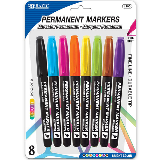BAZIC Bright Colors Fine Tip Permanent Markers w/ Pocket Clip (8/Pack) (Product of USA)