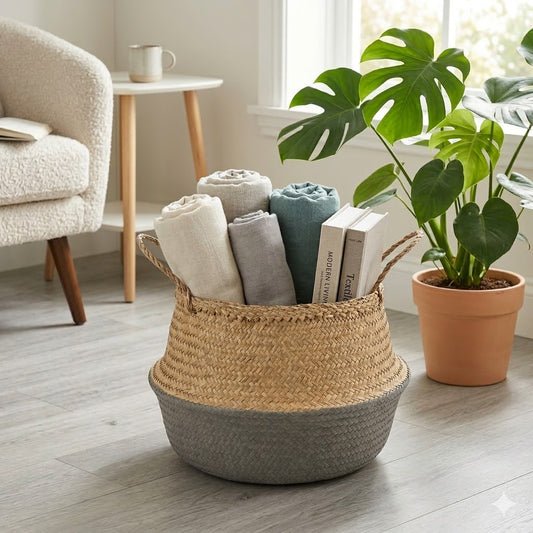 Handwoven Seagrass Belly Basket – Two-Tone/Grey - 40cm