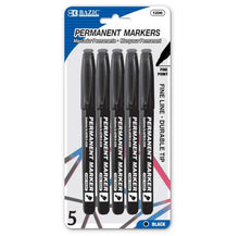 Load image into Gallery viewer, BAZIC Black Fine Tip Permanent Markers w/ Pocket Clip (5/Pack) (Product Of USA)
