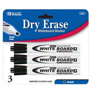 BAZIC Black Chisel Tip Dry-Erase Markers (3/Pack) (Product Of USA)