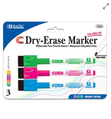 BAZIC Bright Colors Magnetic Dry-Erase Markers (3/Pack) Product of USA