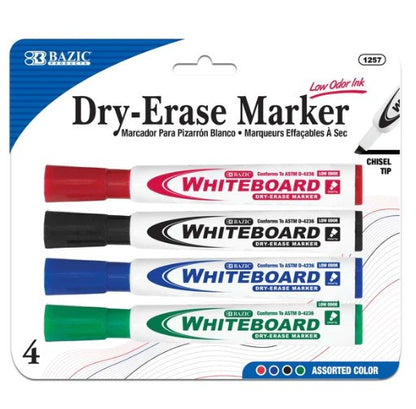 BAZIC Assorted Colors Chisel Tip Dry-Erase Markers (4/Pack) (Product Of USA)