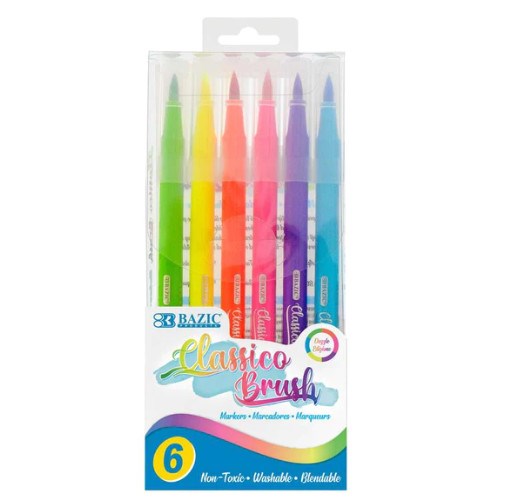 BAZIC 6 Fluorescent Colors Classico Brush Markers (Product Of USA)