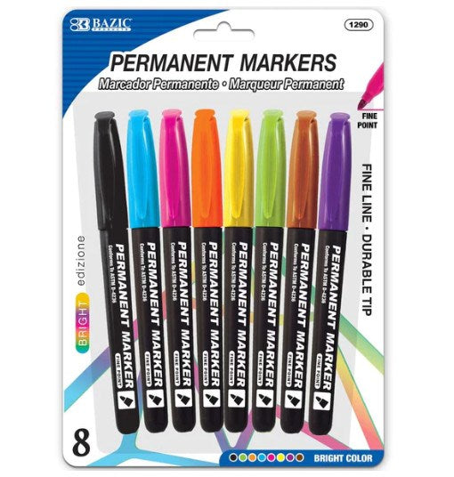 BAZIC Bright Colors Fine Tip Permanent Markers w/ Pocket Clip (8/Pack) (Product of USA)