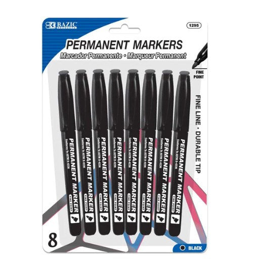 BAZIC Black Fine Tip Permanent Markers w/ Pocket Clip (8/Pack) (Product Of USA)