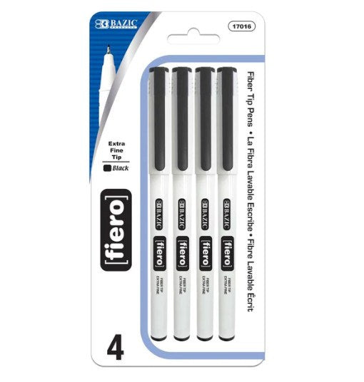 BAZIC Fiero Black Fiber Tip Fine liner Pen (4/Pack) (Product of USA)