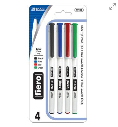 BAZIC Fiero Asst. Color Fiber Tip Fineliner Pen (4/Pack) (Product Of USA)