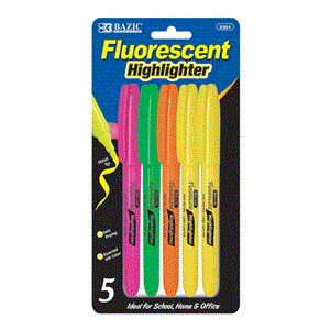 BAZIC Pen Style Fluorescent Highlighter w/ Pocket Clip (5/Pack) (Product of USA)