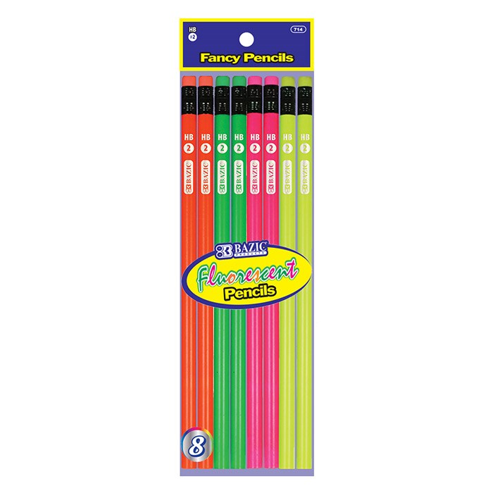 BAZIC Fluorescent Wood Pencil w/ Eraser (8/pack) (Product of USA)