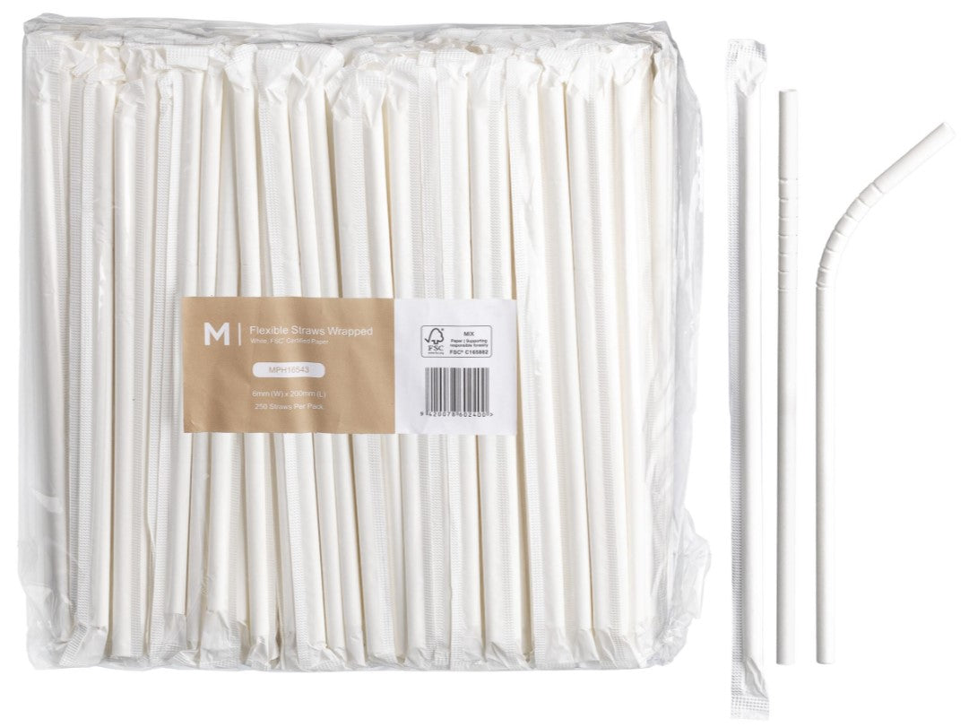 Paper Flexible Straws Wrapped - White, 6mm x 200mm, 300gsm, FSC Mix® (2500)