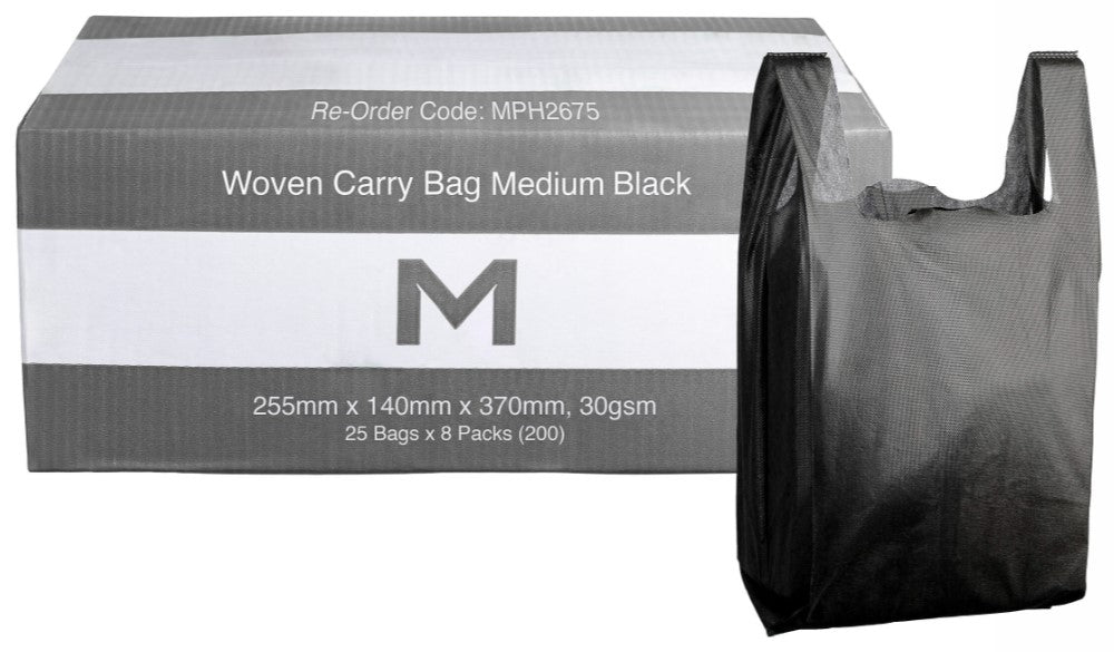 Woven Carry Bag Medium - Black, 255mm x 140mm x 370mm, 30gsm (200)
