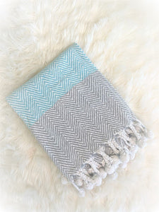 Classio Chevron Teal Throw with Big Tassles - Blue & Grey