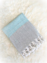 Load image into Gallery viewer, Classio Chevron Teal Throw with Big Tassles - Blue &amp; Grey

